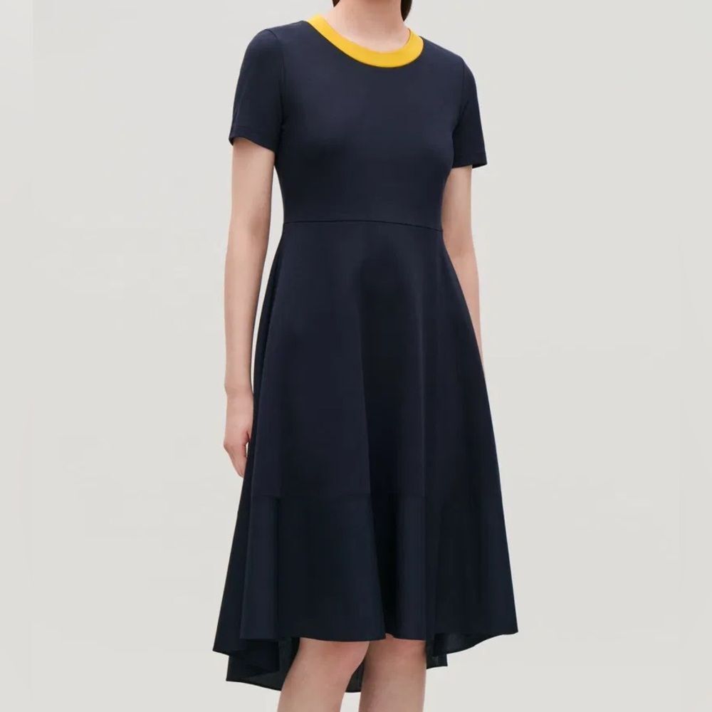 COS Panelled Jersey Dress XS Navy Yellow Trim Fit & Flare Cotton Midi Minimalist